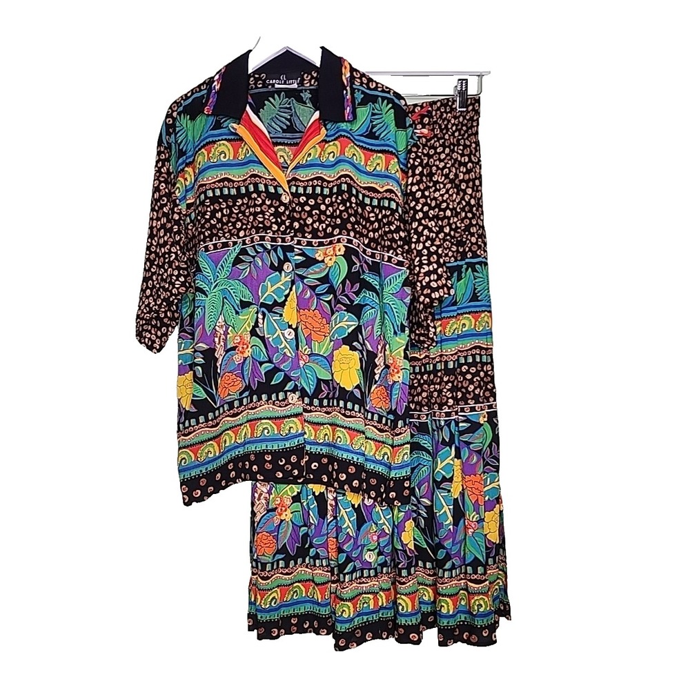 Vintage Carol Little Tiered Midi Skirt Shirt Multicolor 2 Pc Set Outfit USA 4